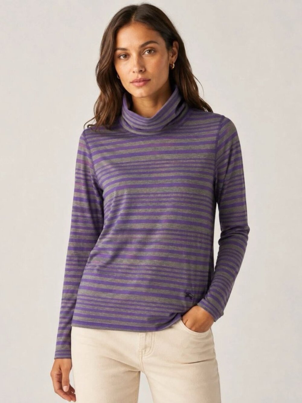 Authentic Burberry Woman Striped Turtleneck Top Sz 4, Purple & Gray